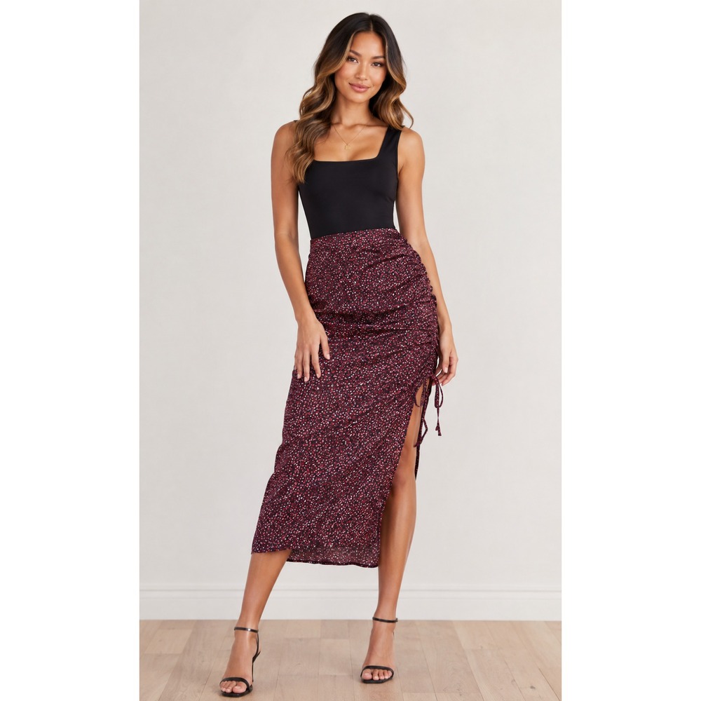Zara Womens XS Midi Skirt Navy Red Ditsy Floral Ruched Side Slit Asymmetrical